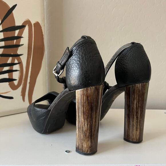 Brunello Cucinelli Black Leather Platform Block Heel Peep T-Strap Sandals 40.5 - Picture 6 of 13